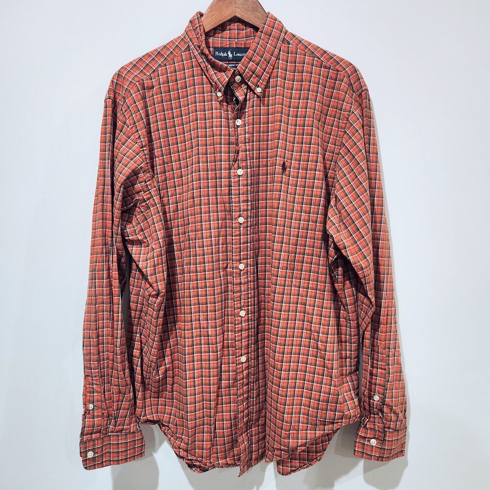 Ralph Lauren Mens Burnt Orange Plaid Classic Fit Button Up Blouse Size XL Preppy